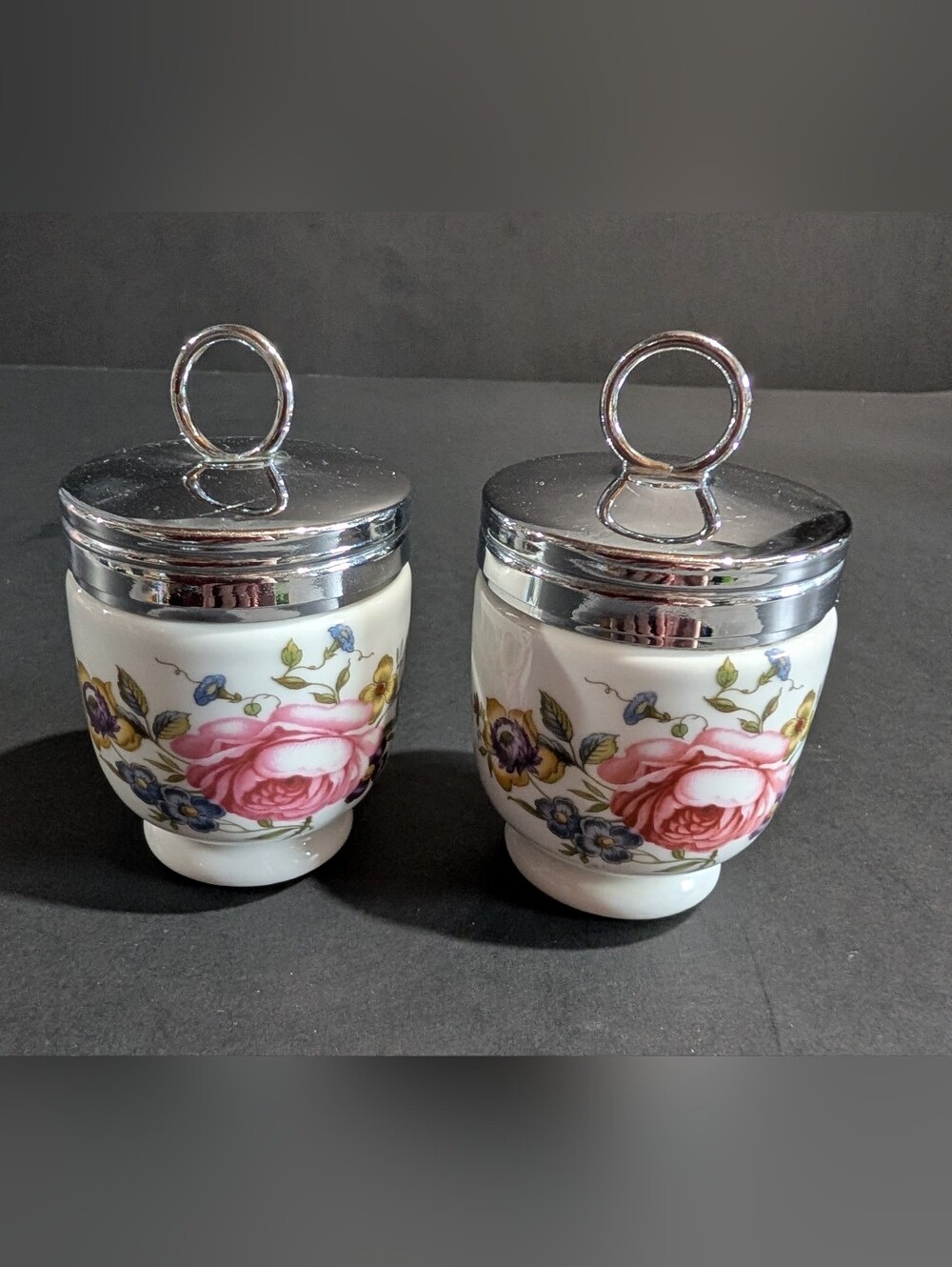 Royal Worcester Large Egg Coddler Porcelain Chrome Lid Evesham Peaches Berries